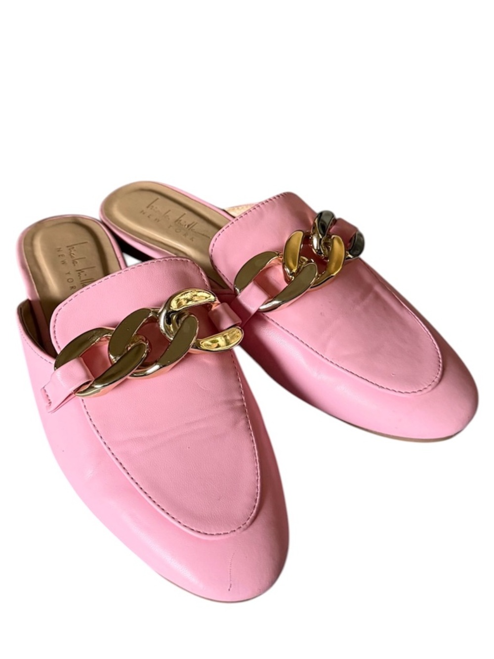 Nicole Miller New York Pink Faux Leather Gold Chain-Trim Mules